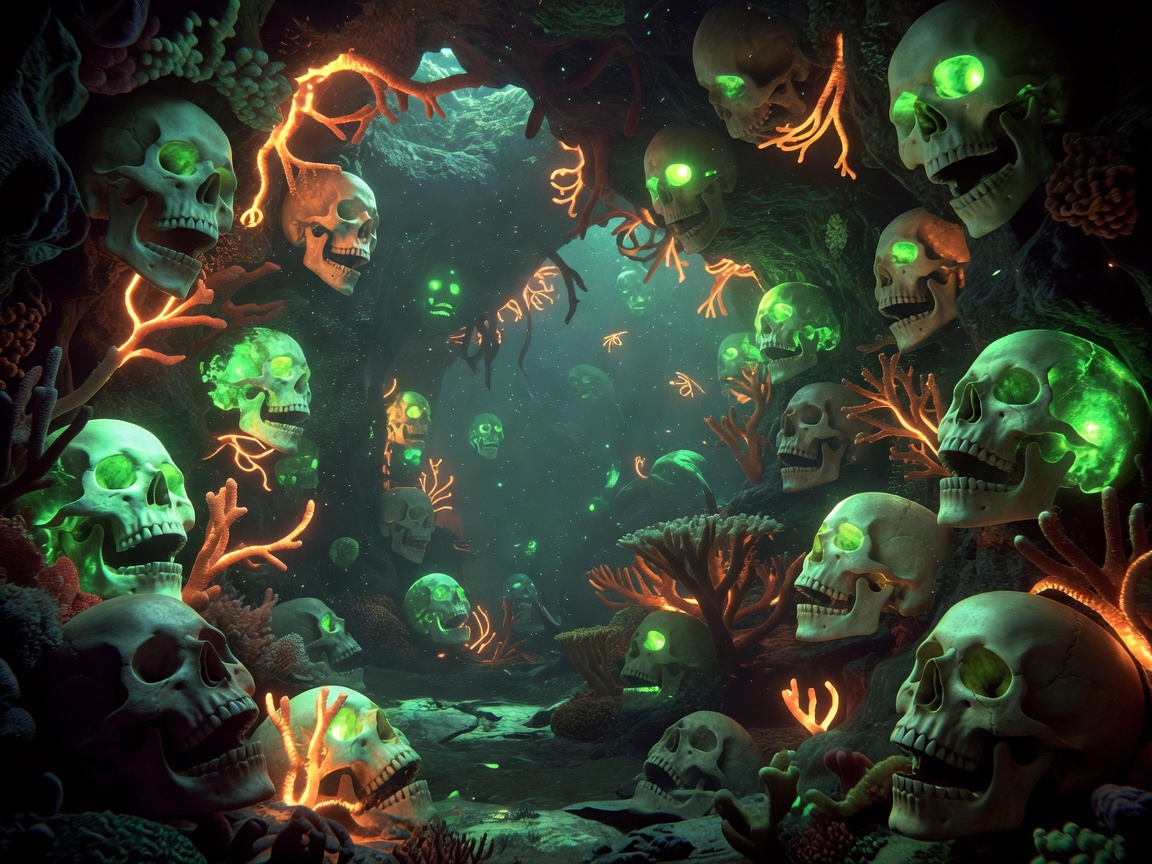 A dense forest of eerie bioluminescent corals shaped like screaming skulls glowing with radioactive green and warm neon orange light