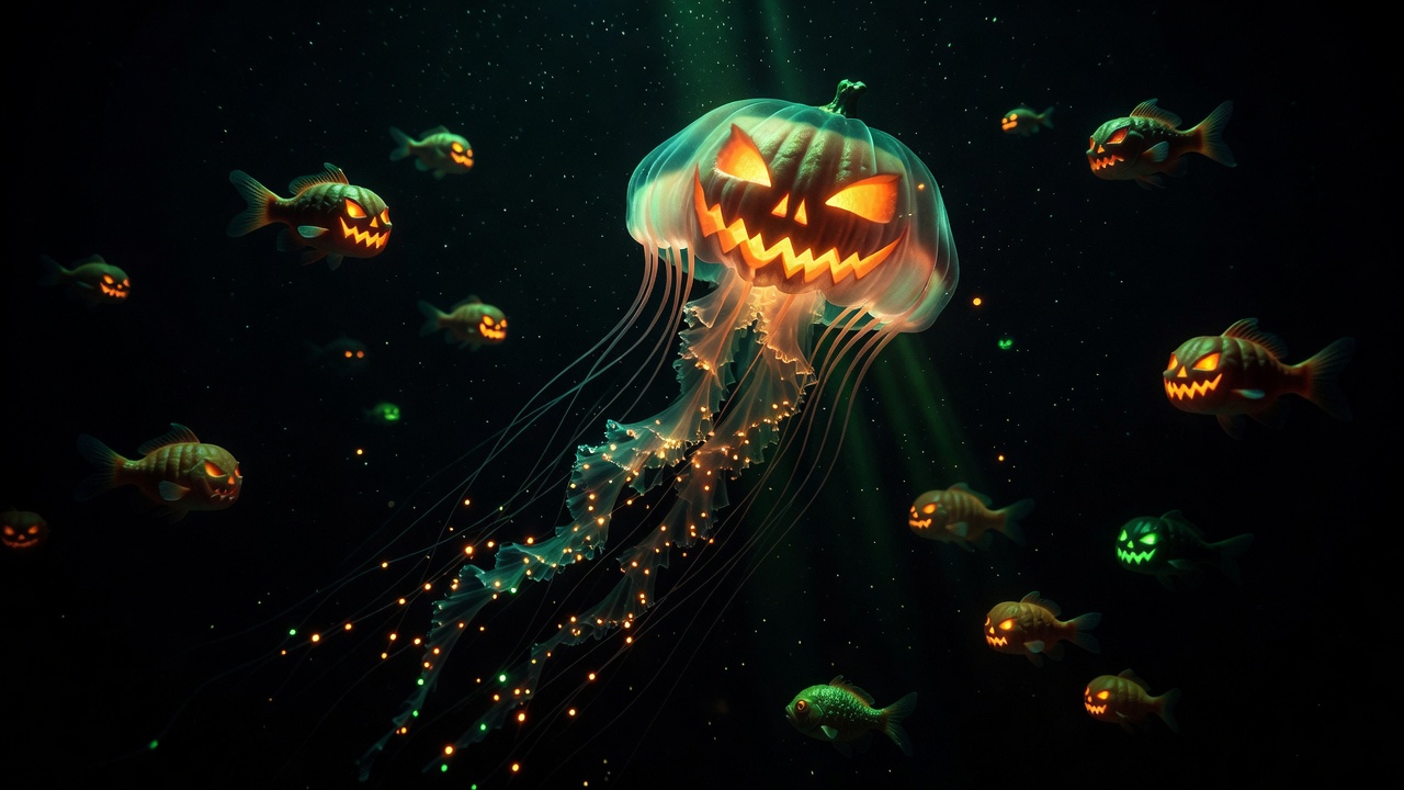 A brilliant bioluminescent deep-sea jellyfish shaped like a carved glowing Halloween Jack-O-Lantern lighting up the ocean void with orange and green embers