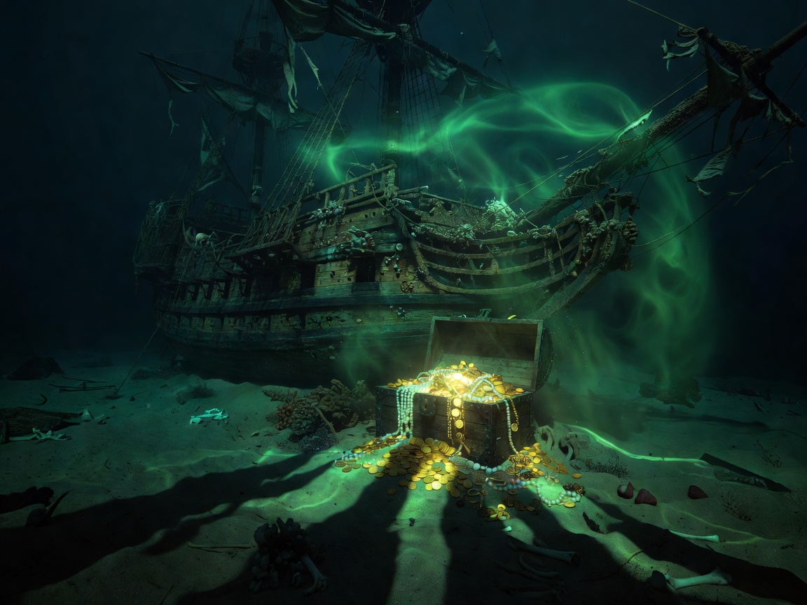 An eerie ancient wooden pirate galleon lying on the seabed under a ghostly neon green haze, with a glowing chest overflowing with gold pearls