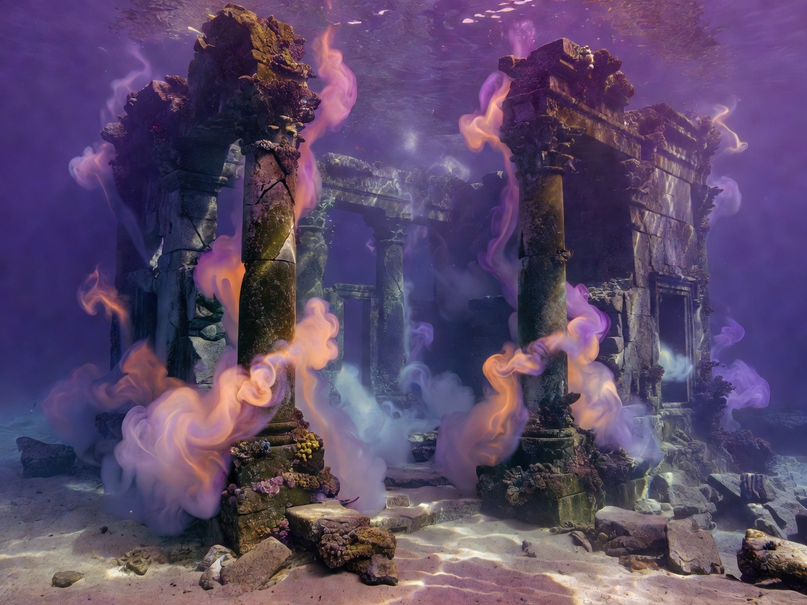 A gorgeous ancient temple ruins submerged under a violet sea, emitting glowing orange and purple magical mist from cracked columns